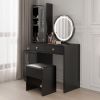 Modern Makeup Vanity Table Set with Side Cabinet and LED Mirror, Retractable Dressing Table with Power Outlets, 3 Light Colors