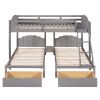 Full Over Twin & Twin Bunk Bed;  Velvet Triple Bunk Bed with Drawers and Guardrails