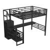 Full Size Metal Loft Bed with Desk, Storage Staircase and Small Wardrobe, Storage stairs can be installed left and right